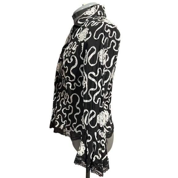 Alberto Makali Womens Black & White Ribbon Lace Trim Button Up Top/Jckt Size 4 - Picture 2 of 7